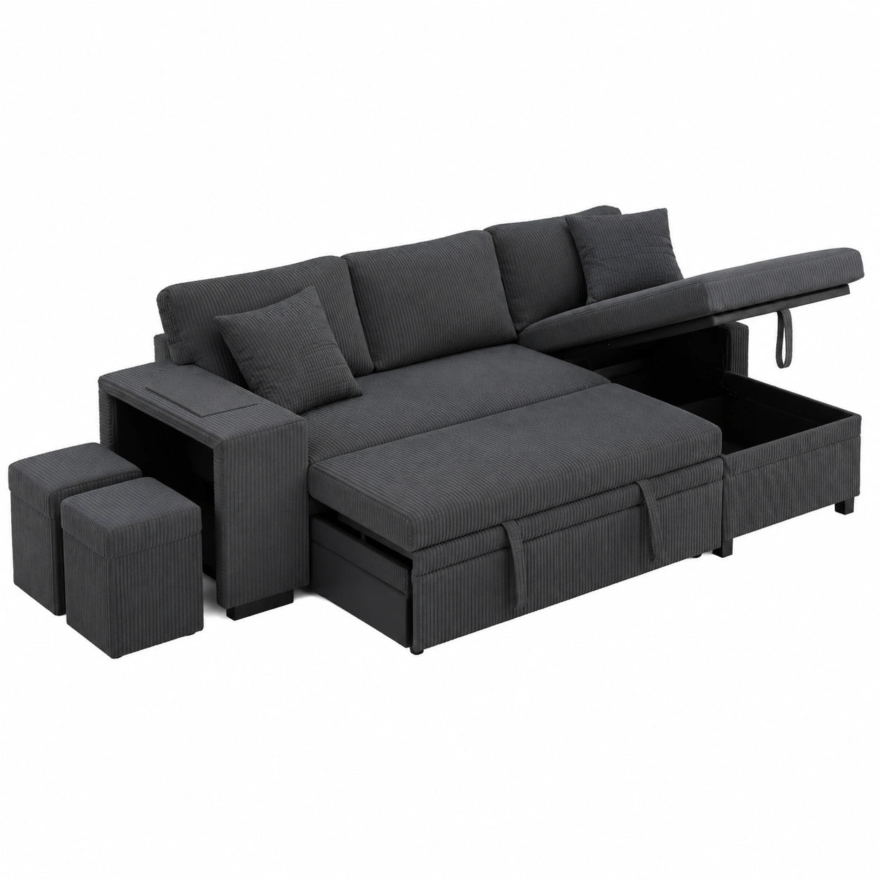 Divano angolare a L multifunzione con letto e vano portaoggetti, USB/Tipo C, tessuto a coste, 3 posti con libreria integrata