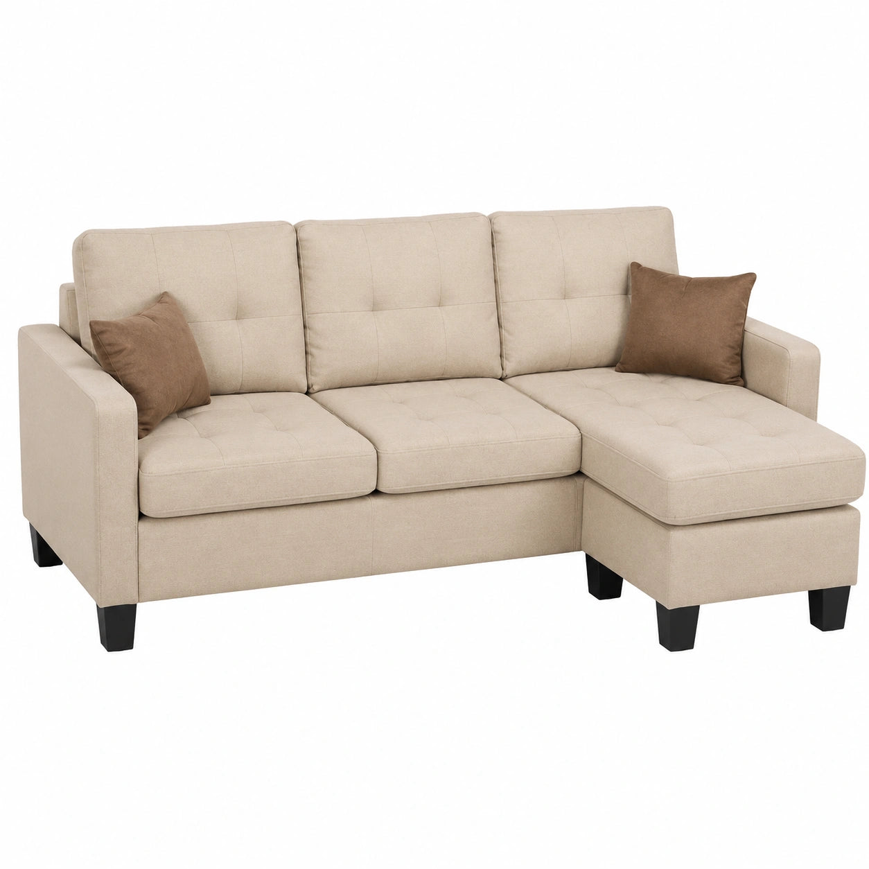 Divano angolare moderno a 3 posti con pouf e 2 cuscini per soggiorno - Colore beige
