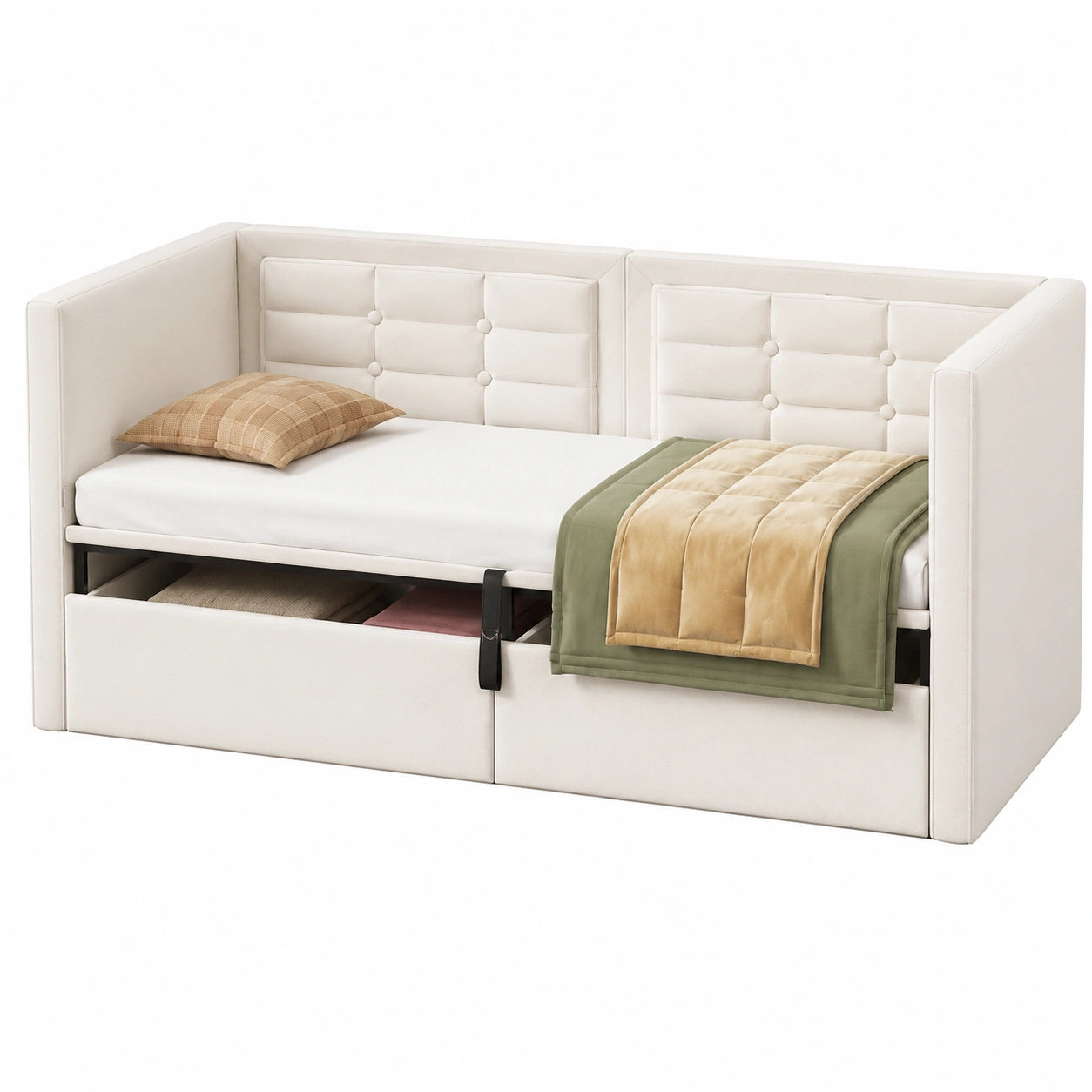 Divano Letto Vellutato Beige con Contenitore e Ricarica USB