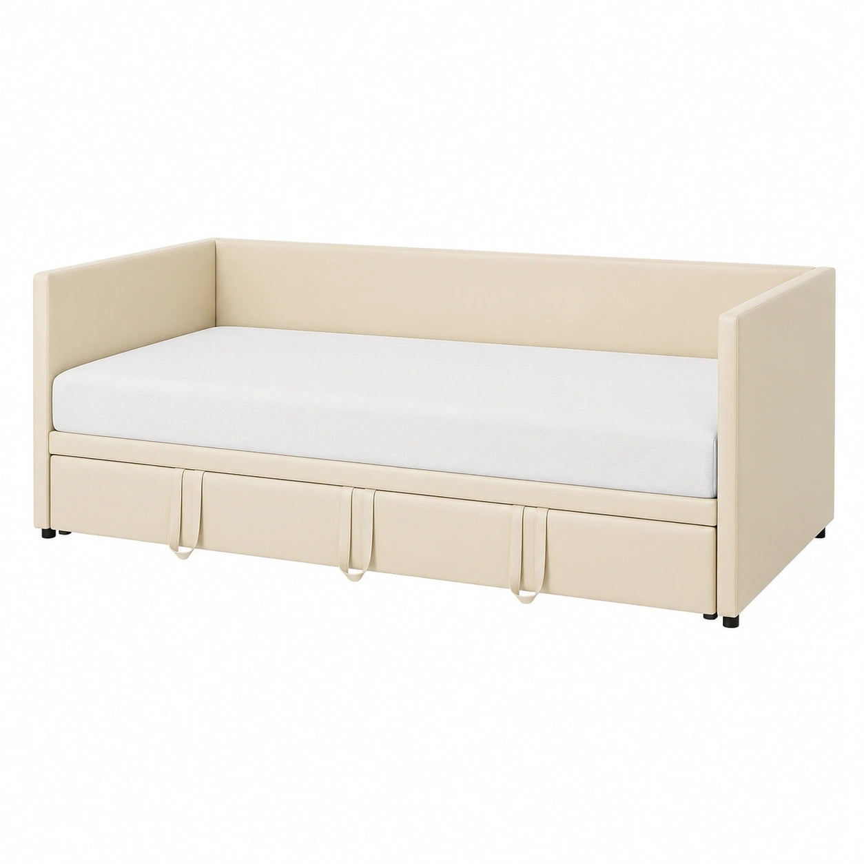 Divano Letto Matrimoniale Estraibile in Velluto Beige con Reti a Doghe