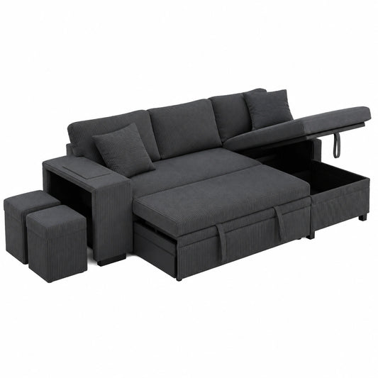 Divano angolare a L multifunzione con letto e vano portaoggetti, USB/Tipo C, tessuto a coste, 3 posti con libreria integrata