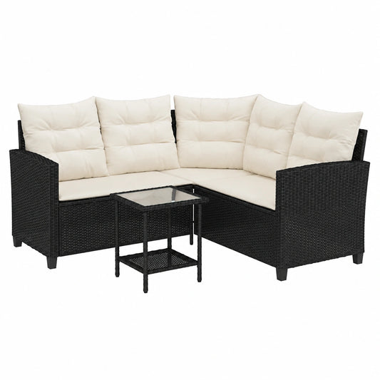 Set Divano ad Angolo da Giardino in Polyrattan Nero con Tavolo e Cuscini