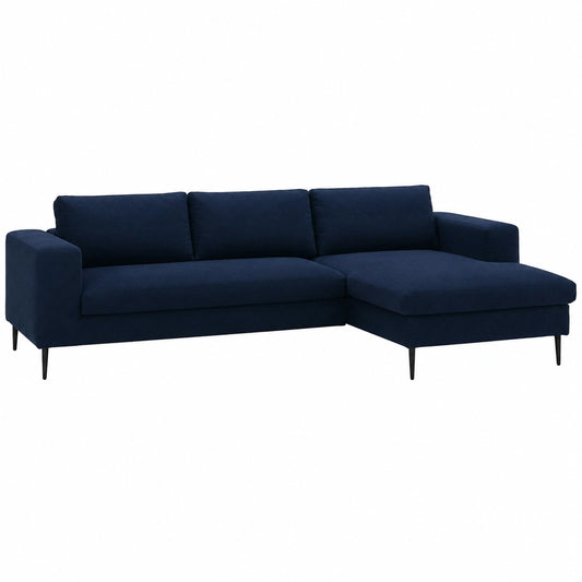 Divano angolare moderno Mendoza in tessuto blu, 244 x 173 x 83 cm
