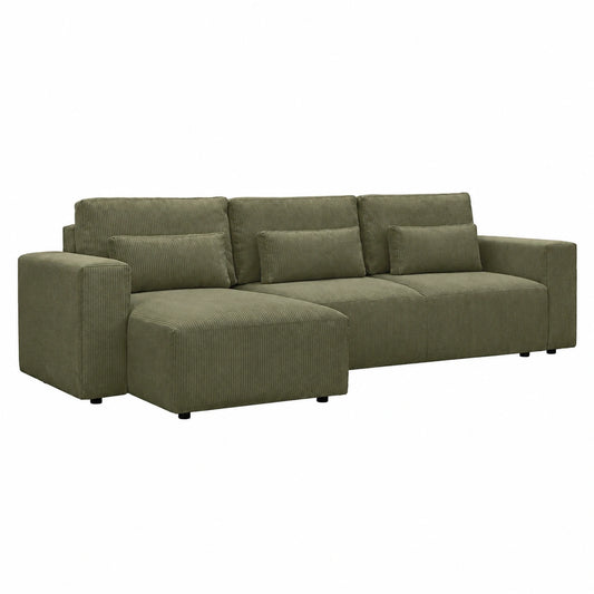 Divano angolare reversibile in velluto a coste con contenitore, 3-5 posti, Verde Kaki, 298x155x85 cm