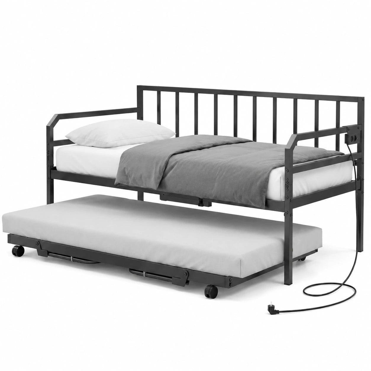 Letto Estraibile Singolo con Luci LED e Ricarica USB, Struttura in Metallo 90x200 cm, Ideale per Soggiorno o Camera, Nero