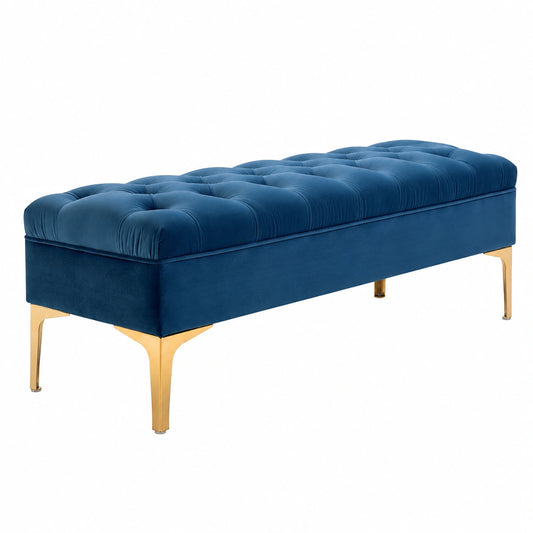 Panca da Camera in Velluto Blu con Gambe in Metallo, 118x45x42 cm, per Ingresso e Soggiorno