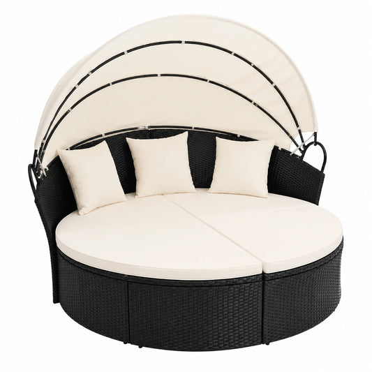 Set Rattan da Giardino LIFEZEAL: Divano Rotondo con Cuscini e Tettuccio, Lettino Prendisole Resistente 360kg