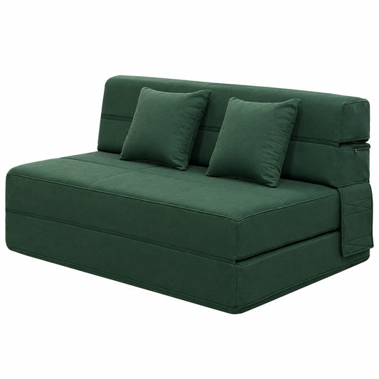 Divano Letto Futon Pieghevole con Materasso in Memory e Cuscini, Verde Scuro