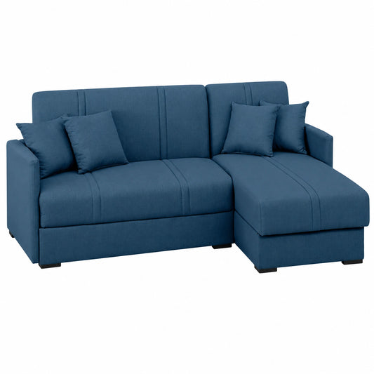 Divano Letto Angolare con Contenitore in Tessuto Blu, Stile Scandinavo, Cuscini Inclusi
