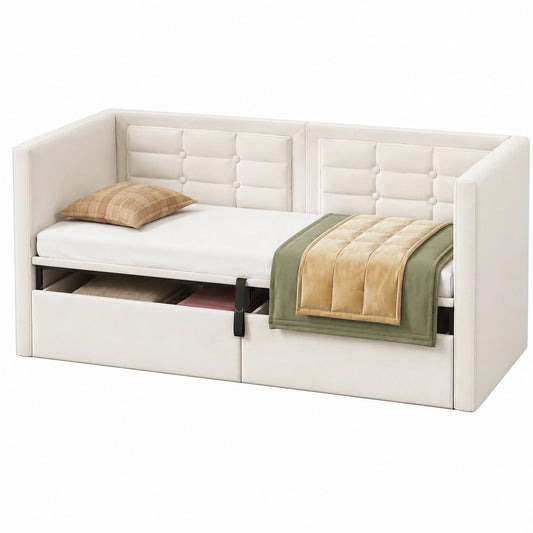 Divano Letto Vellutato Beige con Contenitore e Ricarica USB