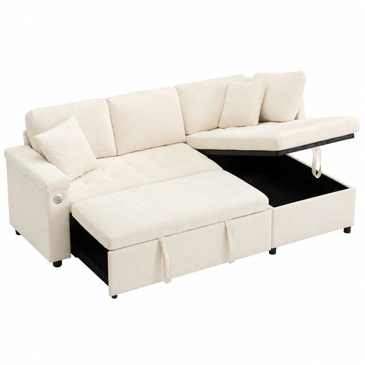 Divano ad angolo moderno con letto estraibile e caricatore USB, 3 posti, braccioli e cuscini inclusi, color beige
