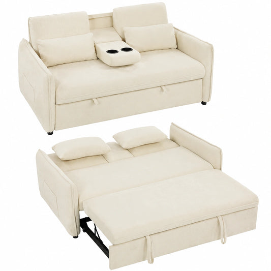 Divano Letto Matrimoniale 3 in 1 in Ciniglia con Tavolino e Tasche Laterali, Beige