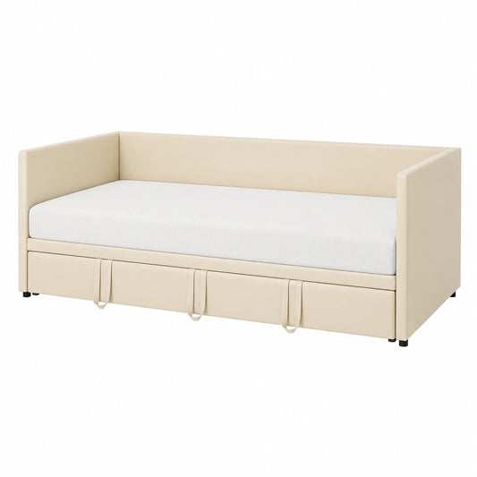 Divano Letto Matrimoniale Estraibile in Velluto Beige con Reti a Doghe