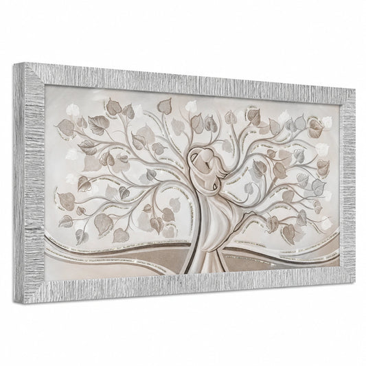 Quadro Moderno con Cornice Bianco Argento, Stampa su Legno con Dettagli Luccicanti, Albero dell'Amore, Tema Famiglia, Decorazione per Interni, 60x110 cm, Prodotto in Italia