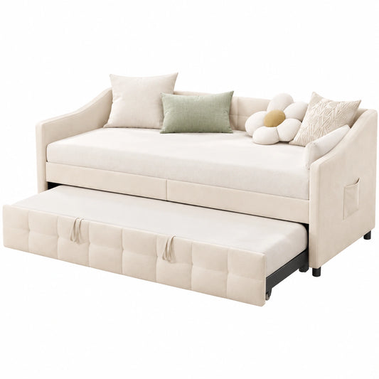 Divano Letto Imbottito 90x200 cm con Letto Estraibile e Doghe in Legno, Perfetto per Ospiti, Crema, Senza Materasso