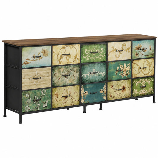 VEDECASA Cassettiera in Stoffa a 15 Cassetti con Motivo Floreale Retrò, Struttura in Metallo e Superficie in Legno, Ideale per Camera da Letto