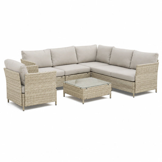 Set Divano Angolare da Giardino con Poltrona e Tavolino in Rattan Beige